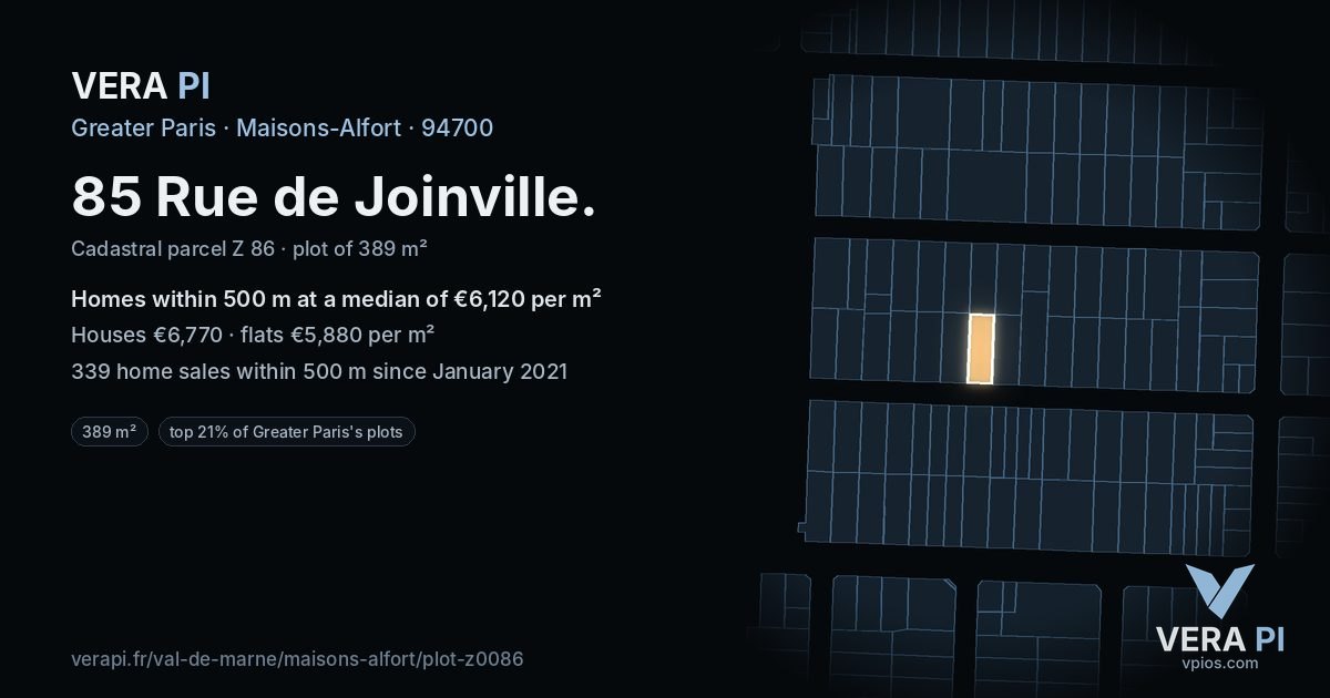 85 Rue de Joinville, Maisons-Alfort at night – the plot lit, the parcels around coloured by the prices near them