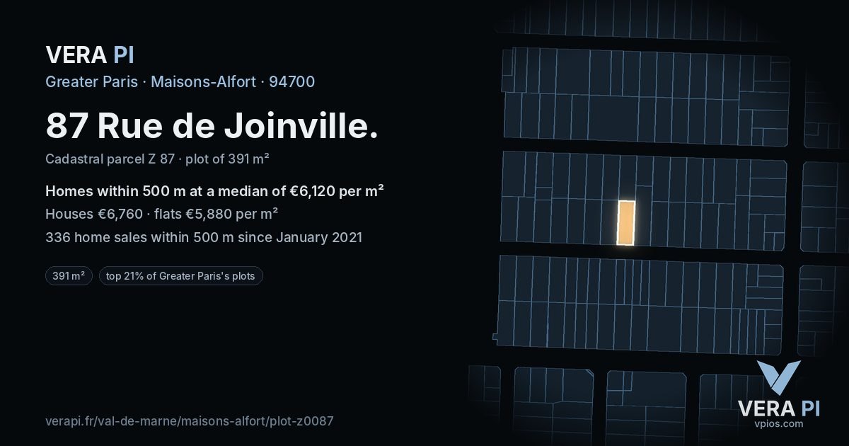 87 Rue de Joinville, Maisons-Alfort at night – the plot lit, the parcels around coloured by the prices near them