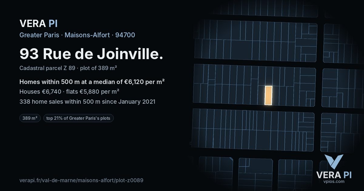 93 Rue de Joinville, Maisons-Alfort at night – the plot lit, the parcels around coloured by the prices near them