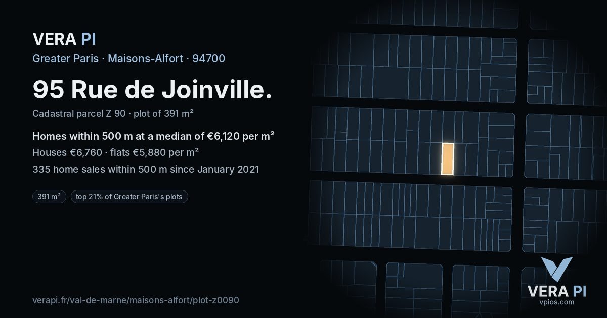 95 Rue de Joinville, Maisons-Alfort at night – the plot lit, the parcels around coloured by the prices near them