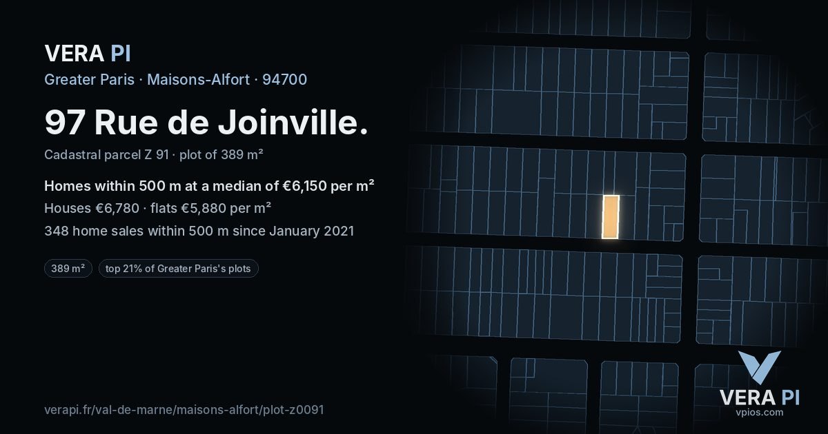97 Rue de Joinville, Maisons-Alfort at night – the plot lit, the parcels around coloured by the prices near them