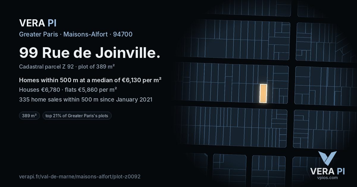 99 Rue de Joinville, Maisons-Alfort at night – the plot lit, the parcels around coloured by the prices near them