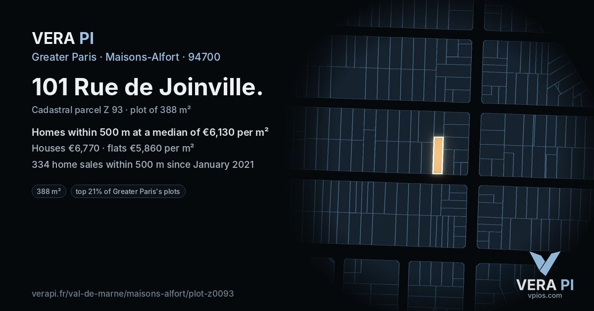 101 Rue de Joinville, Maisons-Alfort at night – the plot lit, the parcels around coloured by the prices near them