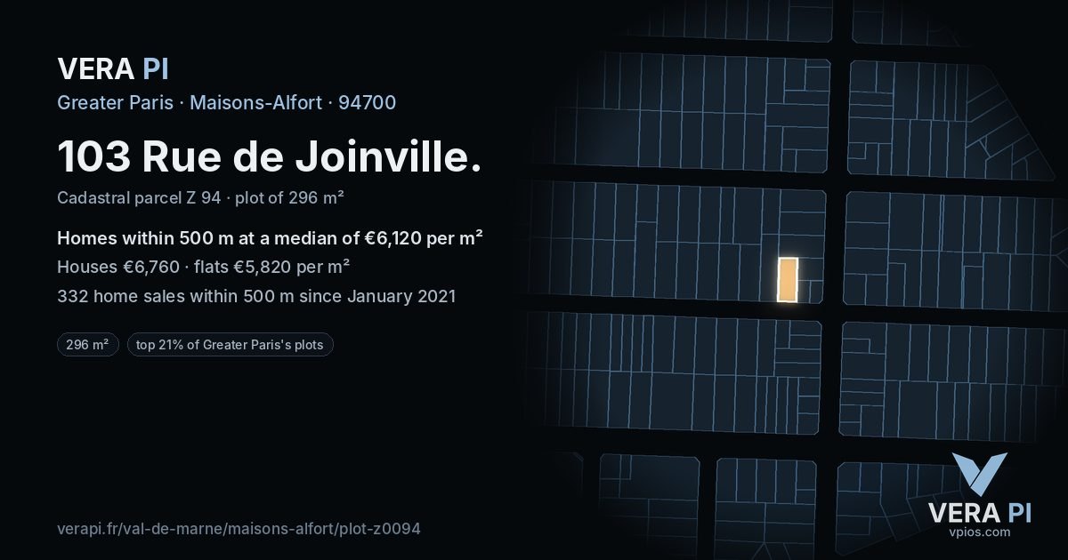 103 Rue de Joinville, Maisons-Alfort at night – the plot lit, the parcels around coloured by the prices near them