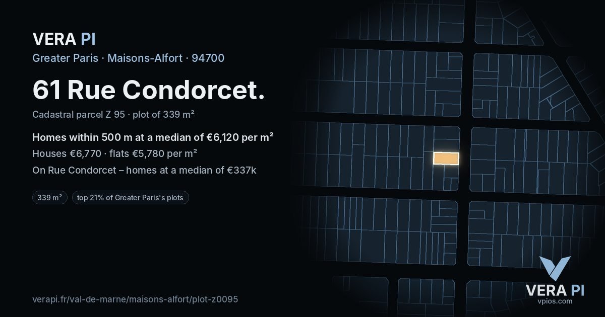 61 Rue Condorcet, Maisons-Alfort at night – the plot lit, the parcels around coloured by the prices near them