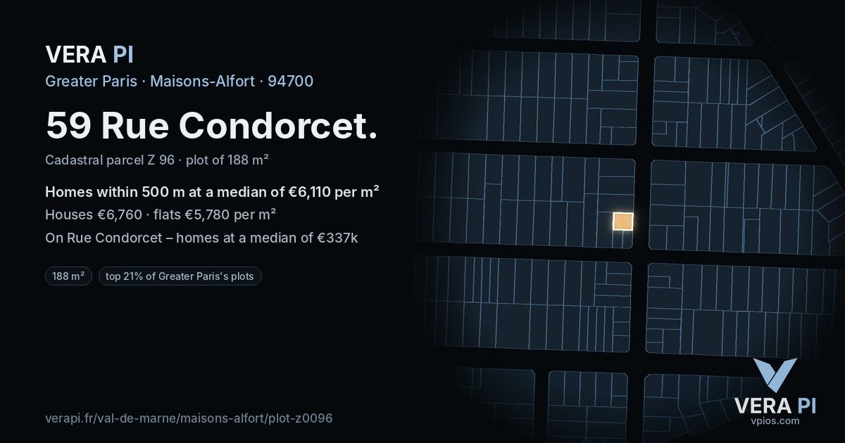 59 Rue Condorcet, Maisons-Alfort at night – the plot lit, the parcels around coloured by the prices near them