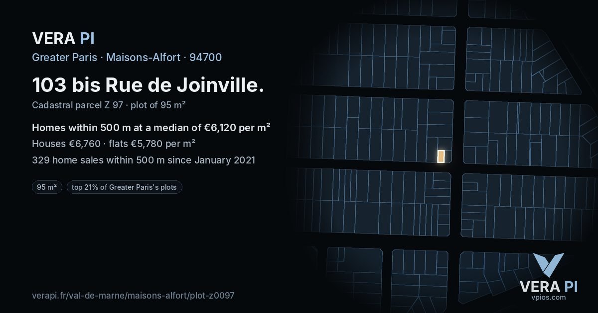 103 bis Rue de Joinville, Maisons-Alfort at night – the plot lit, the parcels around coloured by the prices near them
