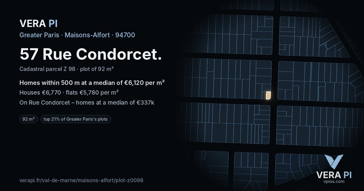 57 Rue Condorcet, Maisons-Alfort at night – the plot lit, the parcels around coloured by the prices near them