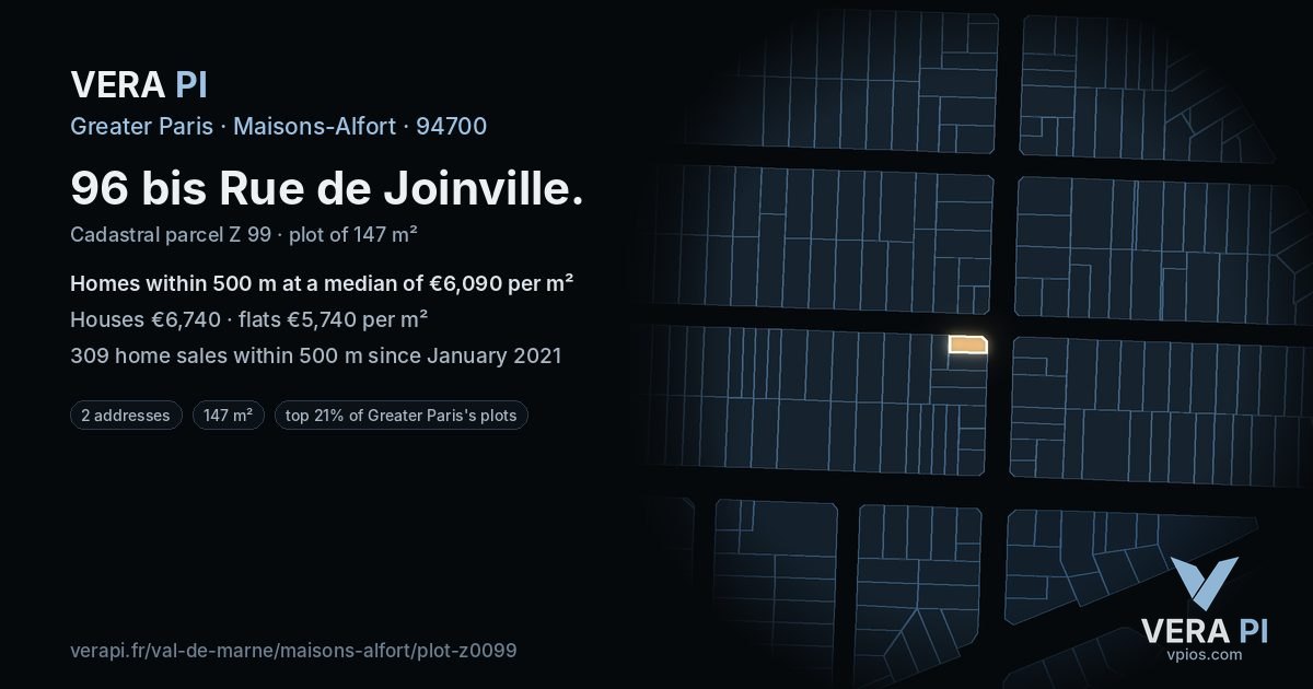 96 bis Rue de Joinville, Maisons-Alfort at night – the plot lit, the parcels around coloured by the prices near them