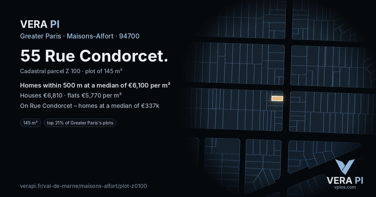 55 Rue Condorcet, Maisons-Alfort at night – the plot lit, the parcels around coloured by the prices near them
