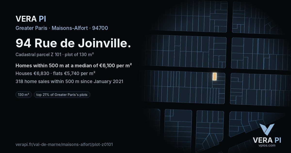 94 Rue de Joinville, Maisons-Alfort at night – the plot lit, the parcels around coloured by the prices near them