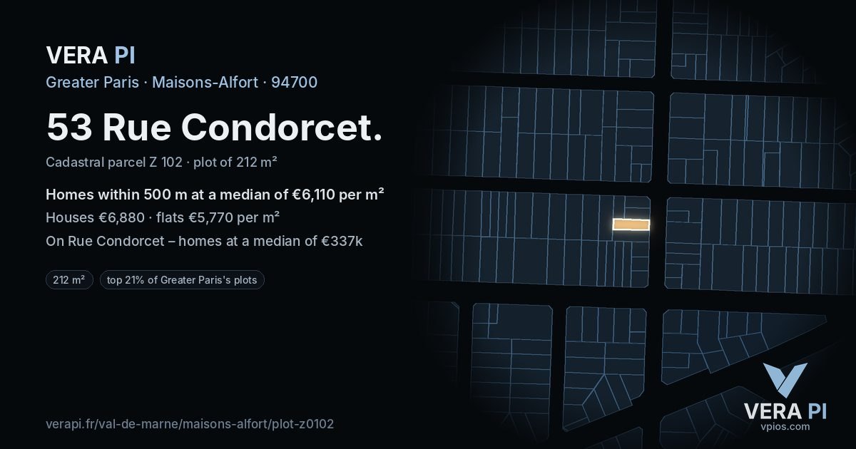 53 Rue Condorcet, Maisons-Alfort at night – the plot lit, the parcels around coloured by the prices near them