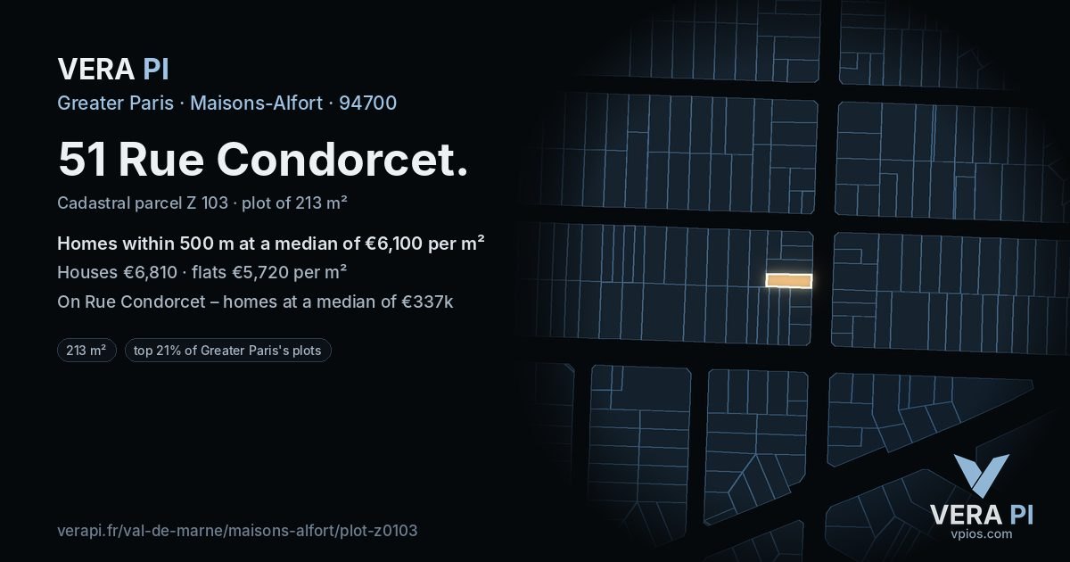 51 Rue Condorcet, Maisons-Alfort at night – the plot lit, the parcels around coloured by the prices near them