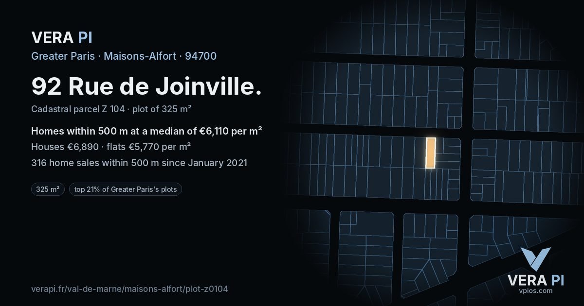 92 Rue de Joinville, Maisons-Alfort at night – the plot lit, the parcels around coloured by the prices near them