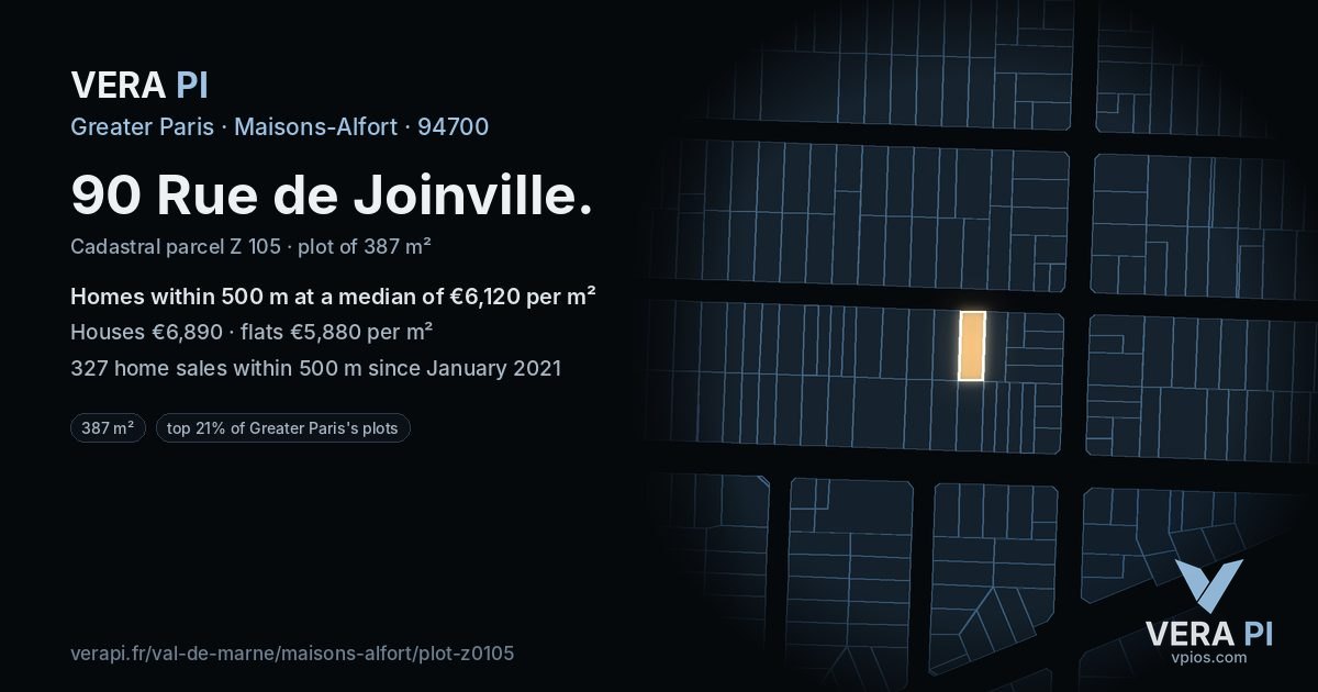 90 Rue de Joinville, Maisons-Alfort at night – the plot lit, the parcels around coloured by the prices near them
