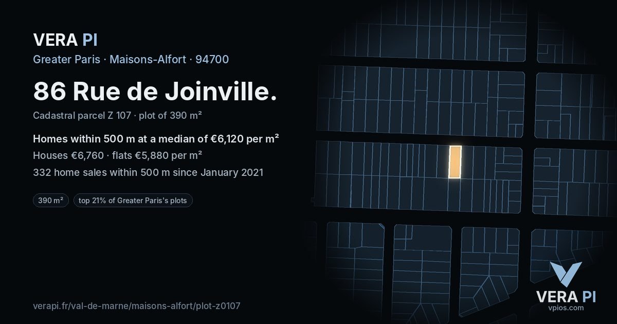 86 Rue de Joinville, Maisons-Alfort at night – the plot lit, the parcels around coloured by the prices near them
