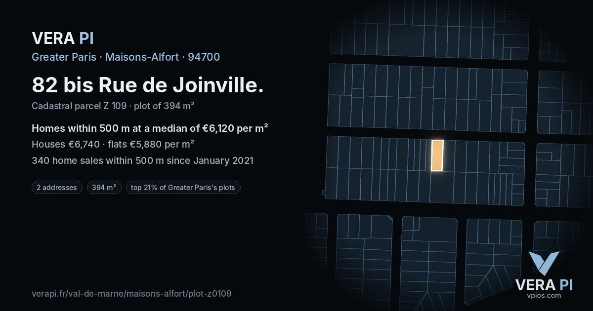 82 bis Rue de Joinville, Maisons-Alfort at night – the plot lit, the parcels around coloured by the prices near them