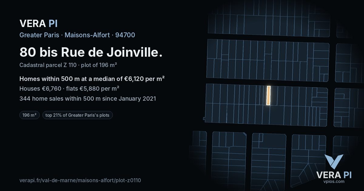 80 bis Rue de Joinville, Maisons-Alfort at night – the plot lit, the parcels around coloured by the prices near them
