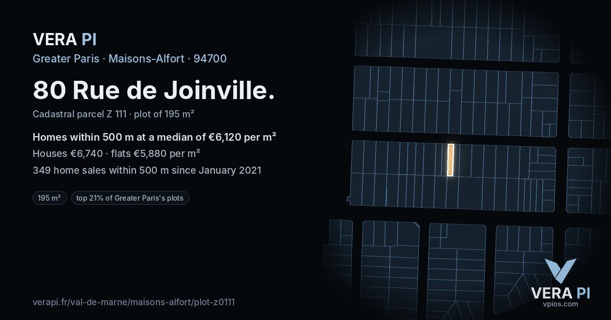 80 Rue de Joinville, Maisons-Alfort at night – the plot lit, the parcels around coloured by the prices near them