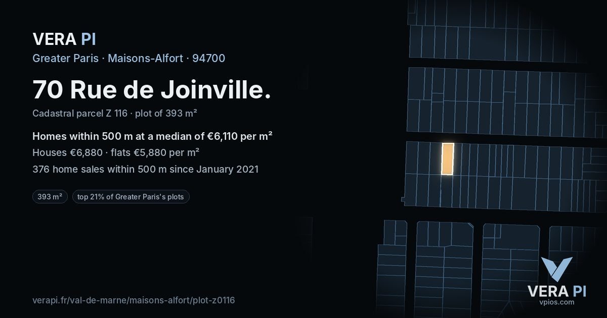 70 Rue de Joinville, Maisons-Alfort at night – the plot lit, the parcels around coloured by the prices near them