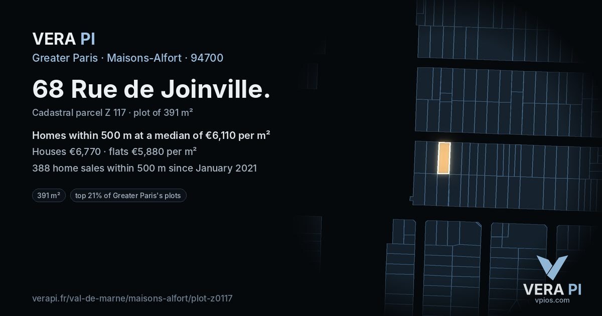 68 Rue de Joinville, Maisons-Alfort at night – the plot lit, the parcels around coloured by the prices near them