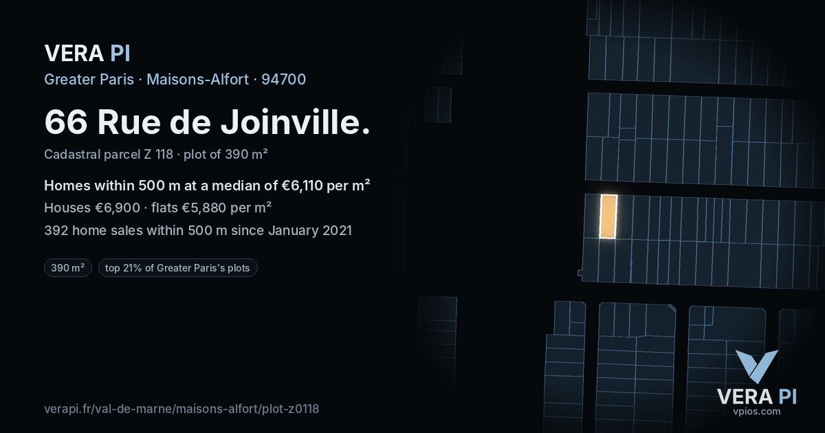 66 Rue de Joinville, Maisons-Alfort at night – the plot lit, the parcels around coloured by the prices near them