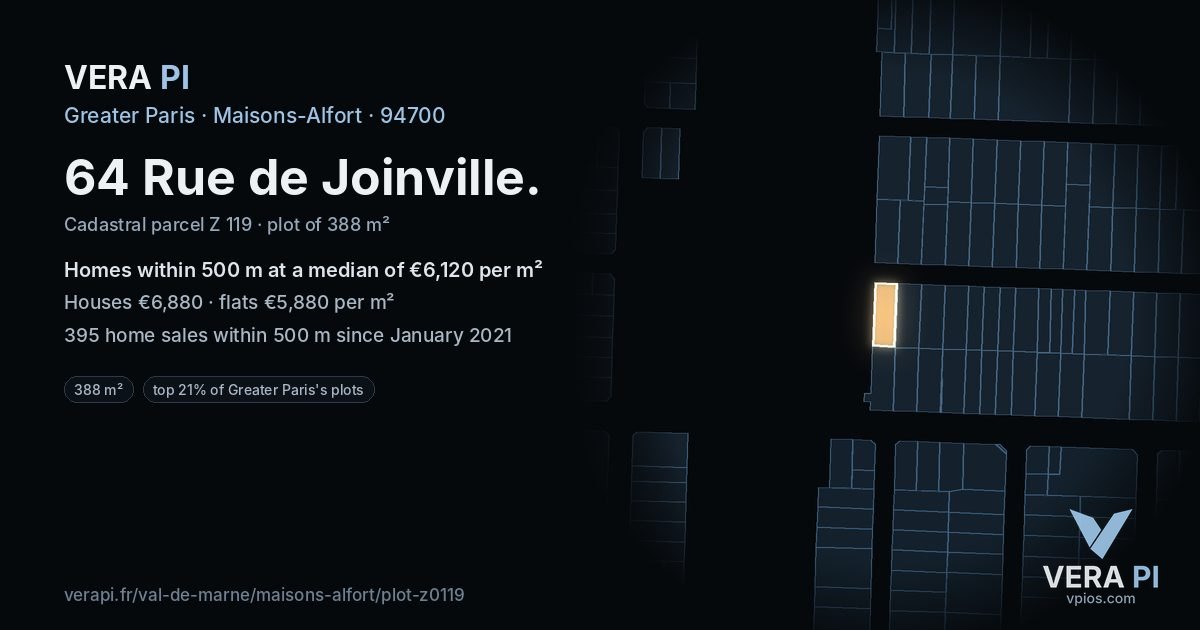 64 Rue de Joinville, Maisons-Alfort at night – the plot lit, the parcels around coloured by the prices near them