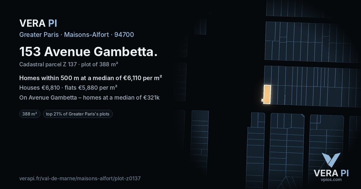 153 Avenue Gambetta, Maisons-Alfort at night – the plot lit, the parcels around coloured by the prices near them