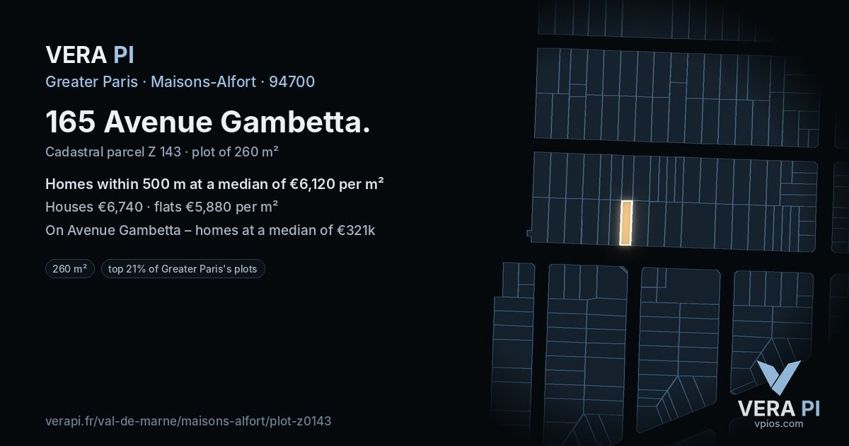 165 Avenue Gambetta, Maisons-Alfort at night – the plot lit, the parcels around coloured by the prices near them