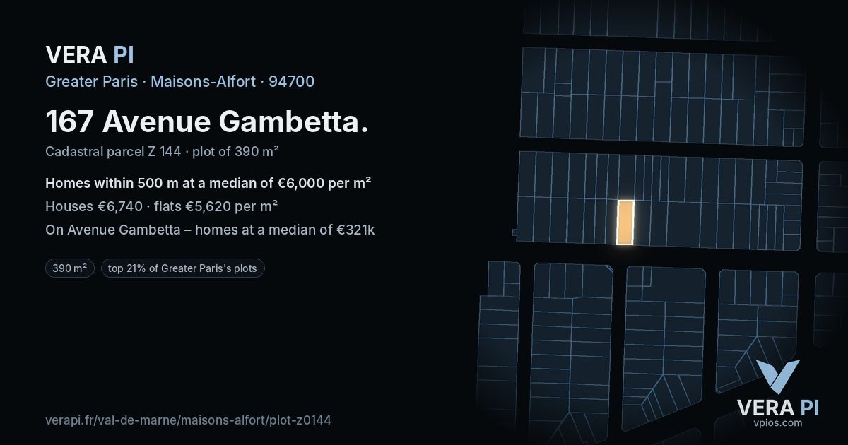 167 Avenue Gambetta, Maisons-Alfort at night – the plot lit, the parcels around coloured by the prices near them
