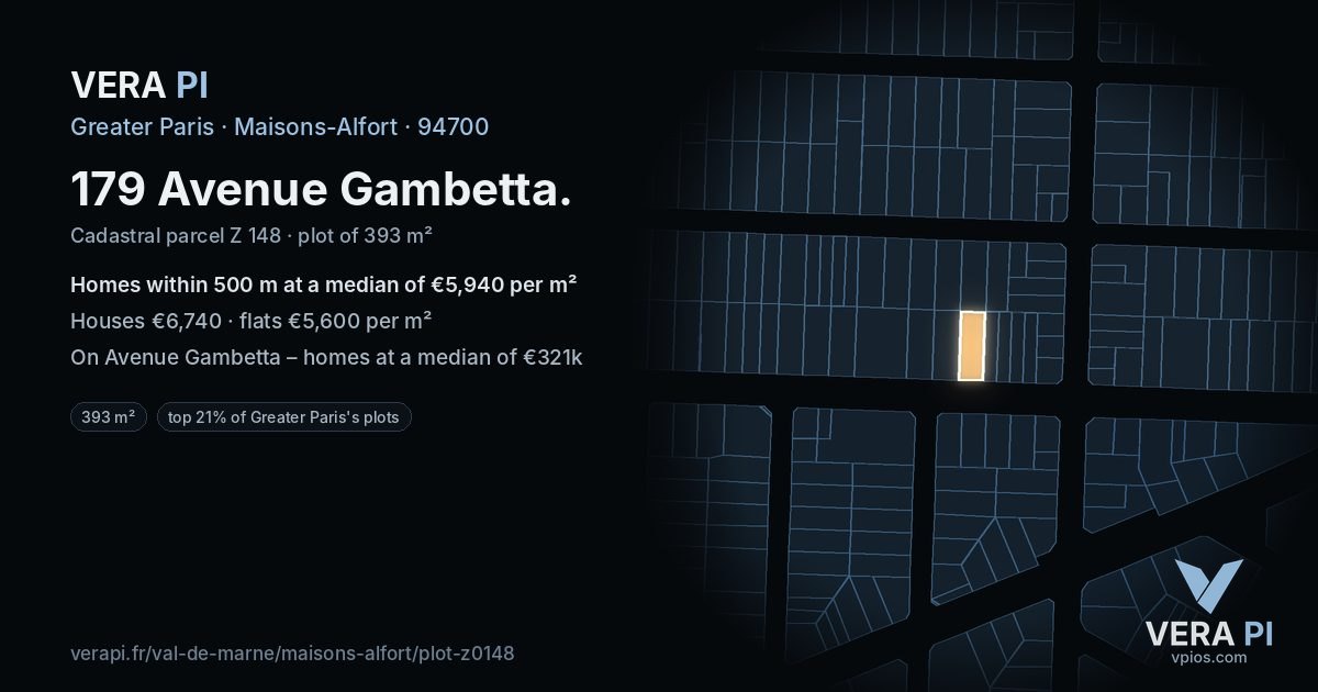179 Avenue Gambetta, Maisons-Alfort at night – the plot lit, the parcels around coloured by the prices near them