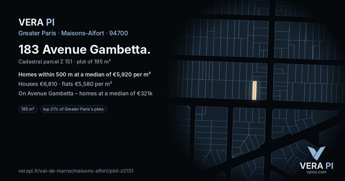 183 Avenue Gambetta, Maisons-Alfort at night – the plot lit, the parcels around coloured by the prices near them
