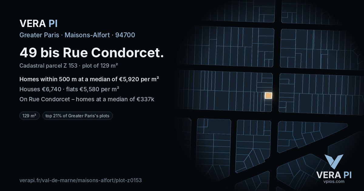49 bis Rue Condorcet, Maisons-Alfort at night – the plot lit, the parcels around coloured by the prices near them
