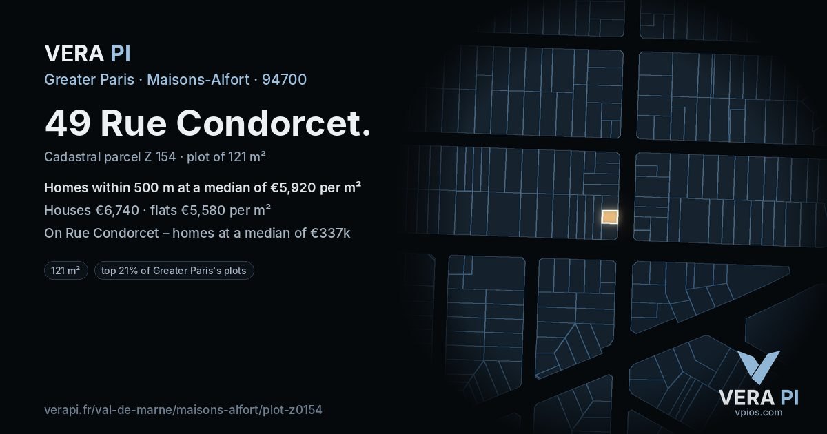 49 Rue Condorcet, Maisons-Alfort at night – the plot lit, the parcels around coloured by the prices near them