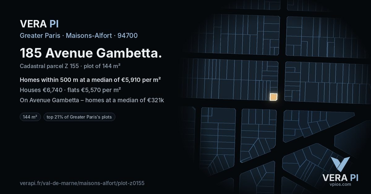 185 Avenue Gambetta, Maisons-Alfort at night – the plot lit, the parcels around coloured by the prices near them