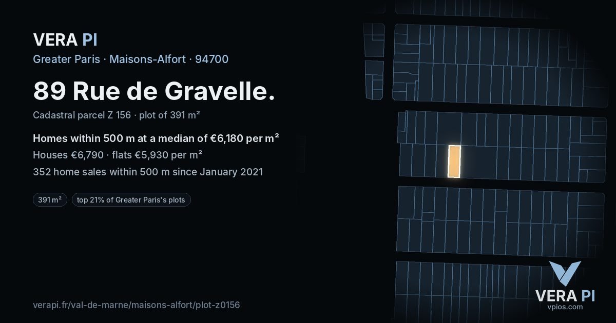 89 Rue de Gravelle, Maisons-Alfort at night – the plot lit, the parcels around coloured by the prices near them