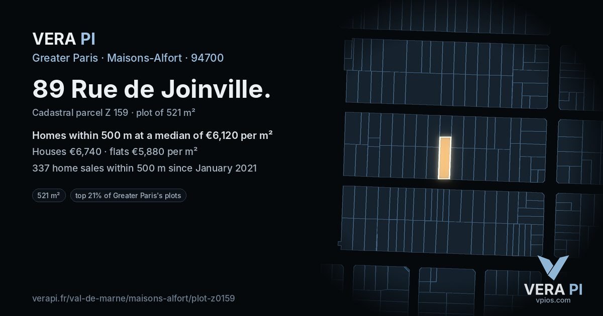 89 Rue de Joinville, Maisons-Alfort at night – the plot lit, the parcels around coloured by the prices near them