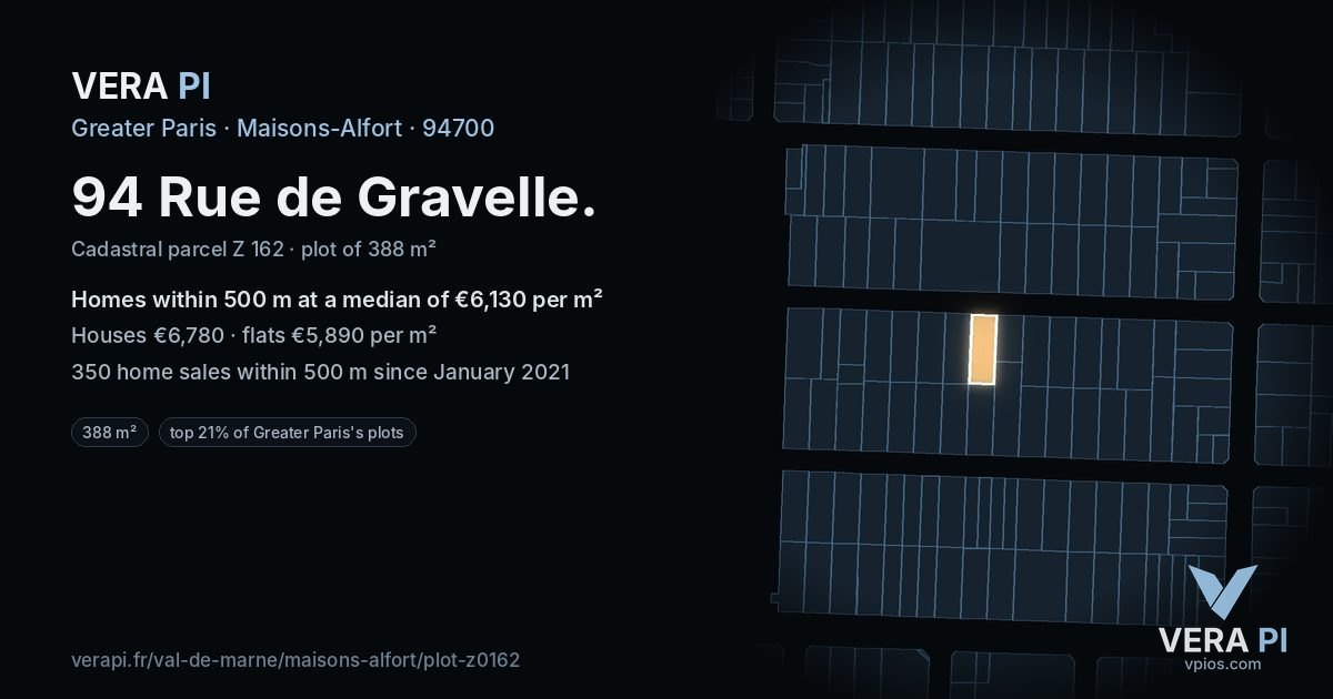 94 Rue de Gravelle, Maisons-Alfort at night – the plot lit, the parcels around coloured by the prices near them