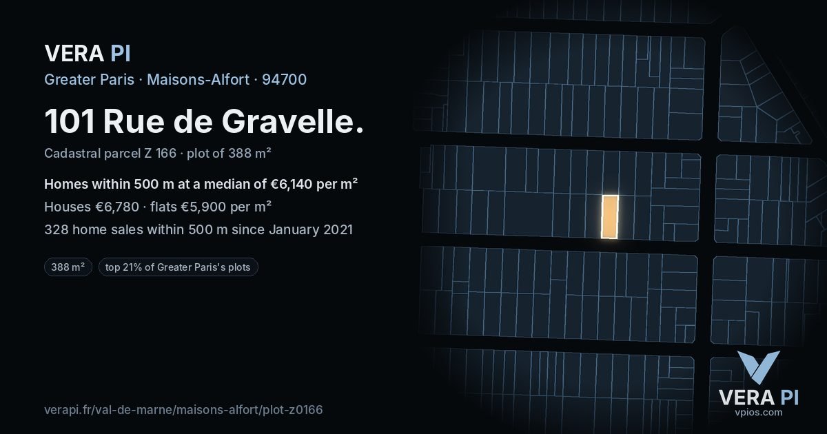 101 Rue de Gravelle, Maisons-Alfort at night – the plot lit, the parcels around coloured by the prices near them