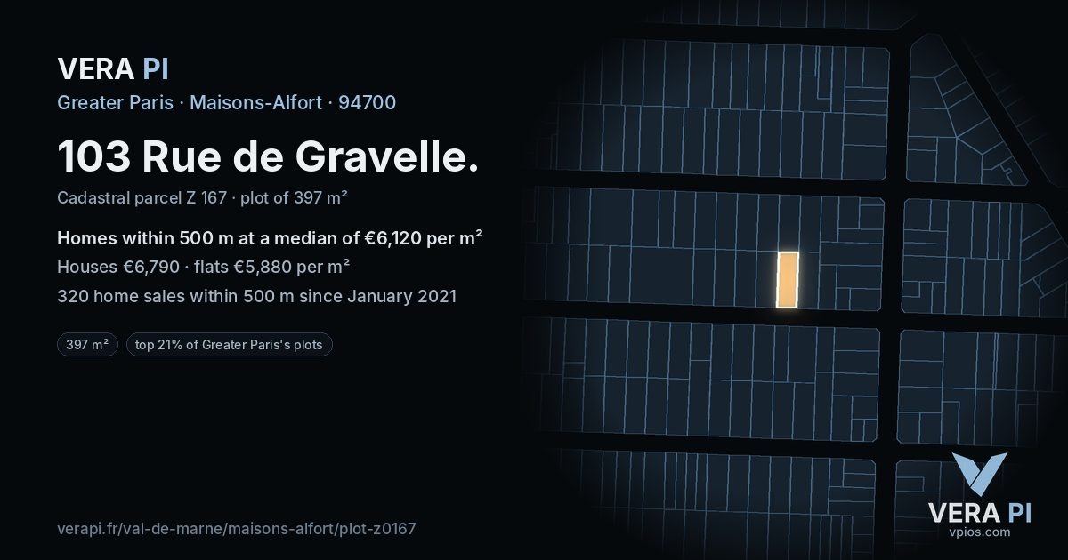 103 Rue de Gravelle, Maisons-Alfort at night – the plot lit, the parcels around coloured by the prices near them