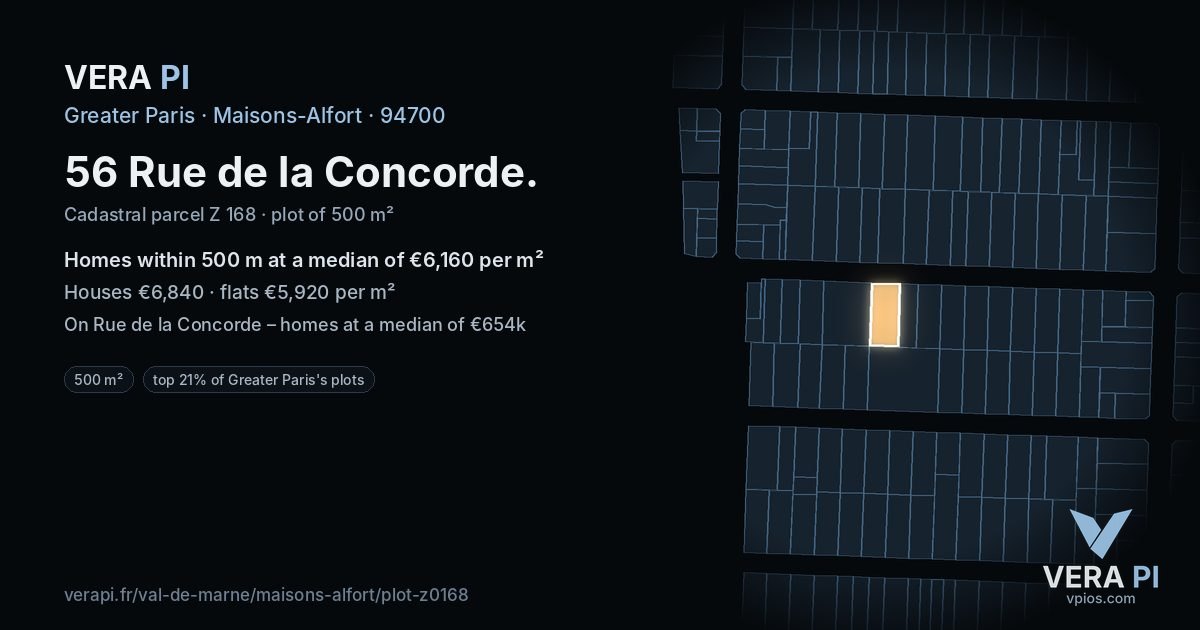 56 Rue de la Concorde, Maisons-Alfort at night – the plot lit, the parcels around coloured by the prices near them