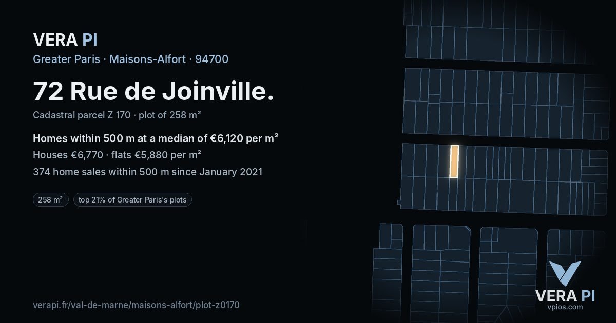 72 Rue de Joinville, Maisons-Alfort at night – the plot lit, the parcels around coloured by the prices near them