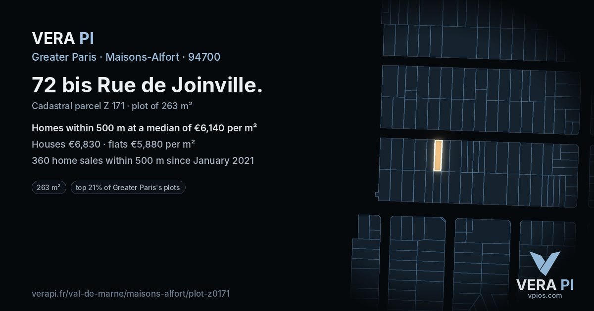 72 bis Rue de Joinville, Maisons-Alfort at night – the plot lit, the parcels around coloured by the prices near them