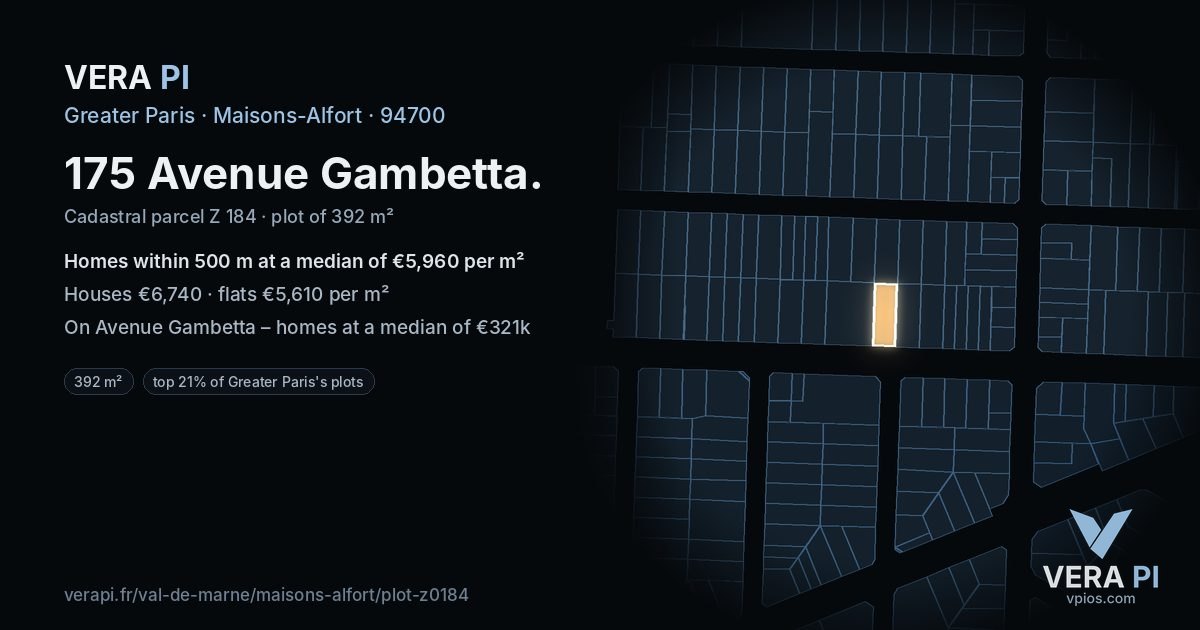 175 Avenue Gambetta, Maisons-Alfort at night – the plot lit, the parcels around coloured by the prices near them