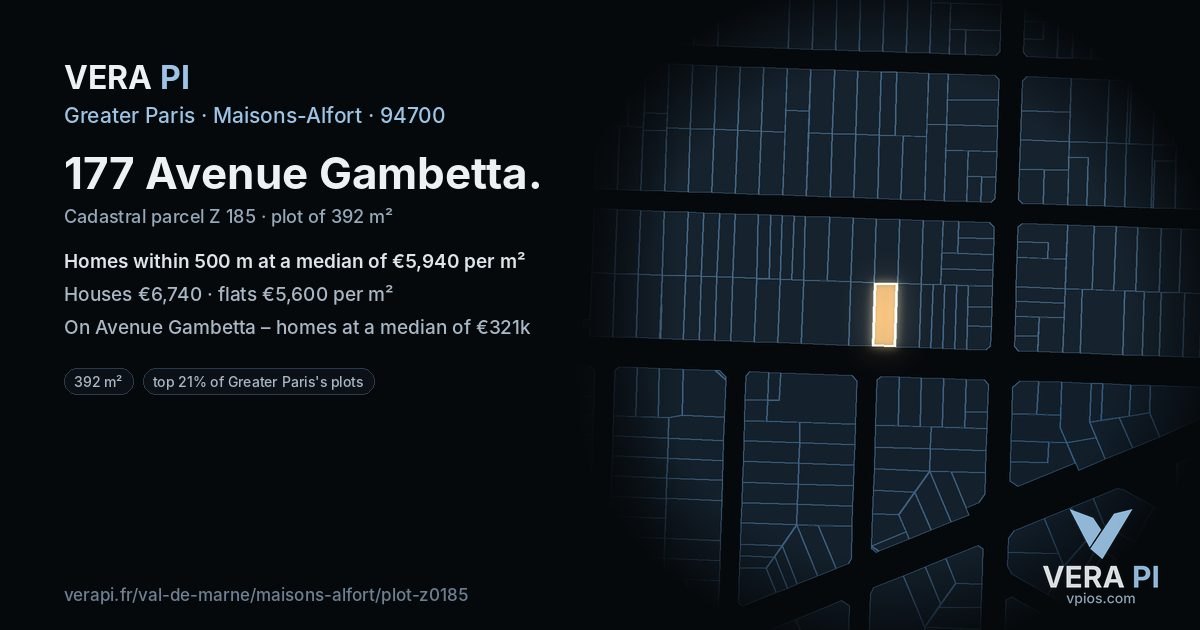 177 Avenue Gambetta, Maisons-Alfort at night – the plot lit, the parcels around coloured by the prices near them