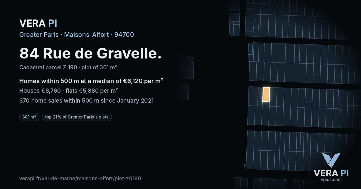 84 Rue de Gravelle, Maisons-Alfort at night – the plot lit, the parcels around coloured by the prices near them