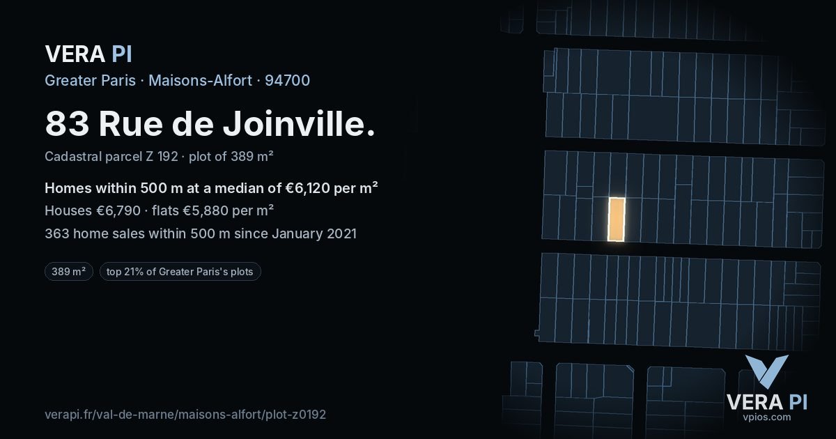 83 Rue de Joinville, Maisons-Alfort at night – the plot lit, the parcels around coloured by the prices near them