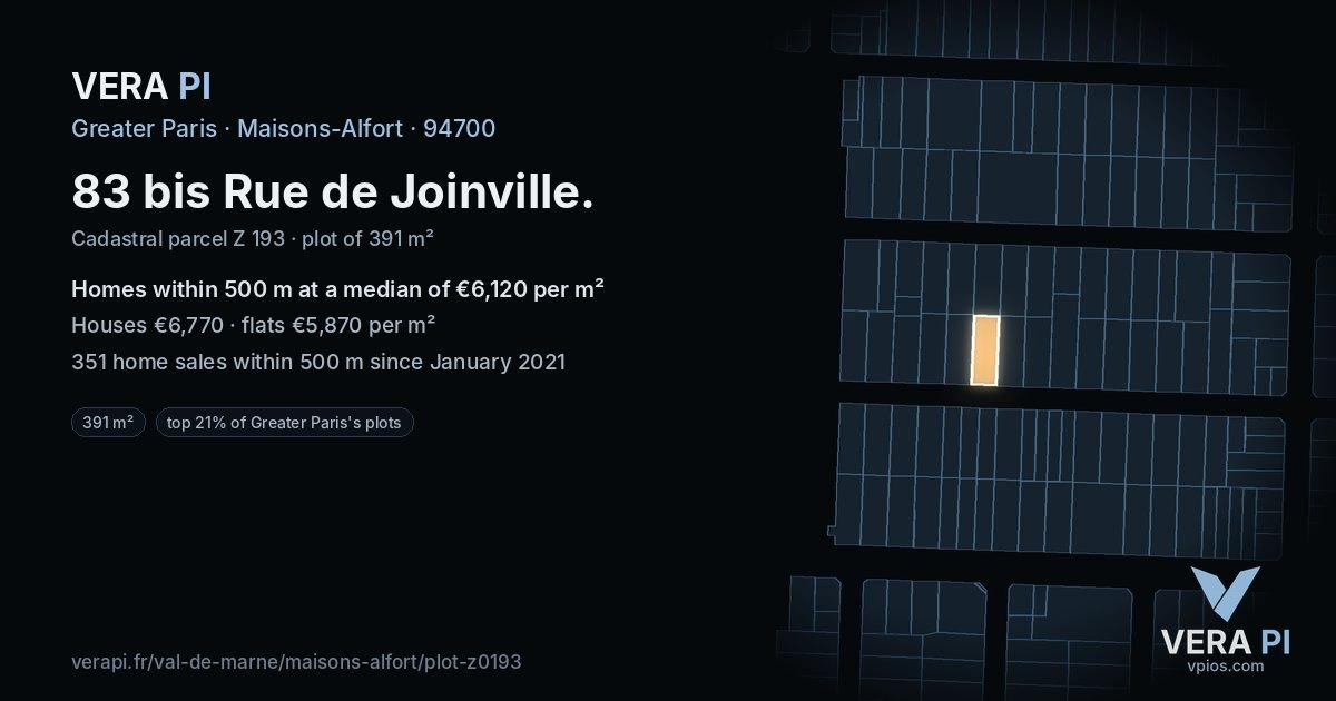 83 bis Rue de Joinville, Maisons-Alfort at night – the plot lit, the parcels around coloured by the prices near them