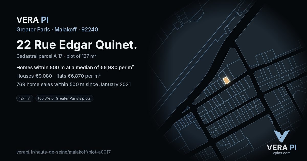 22 Rue Edgar Quinet, Malakoff at night – the plot lit, the parcels around coloured by the prices near them