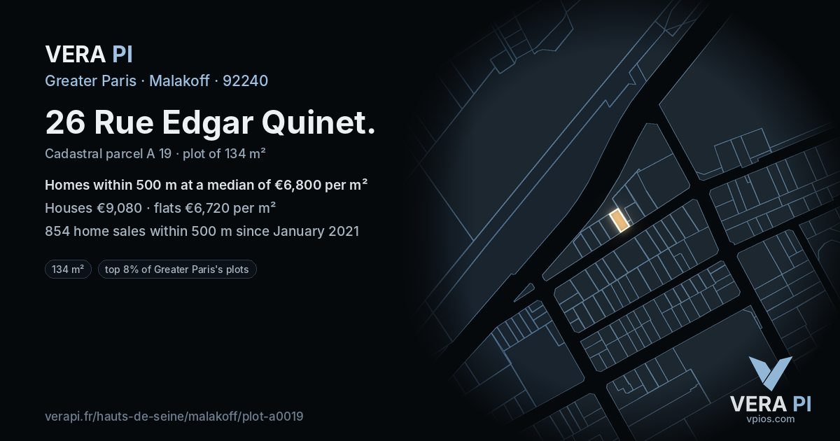 26 Rue Edgar Quinet, Malakoff at night – the plot lit, the parcels around coloured by the prices near them